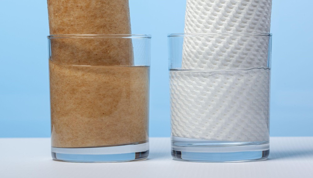 Side-by-side comparison of a clean and used water filter cartridge