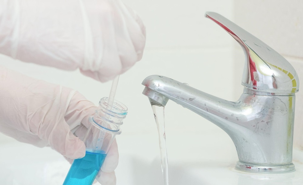 Gloved hands performing a tap water analysis
